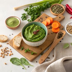 
Fresh Green Herb Pesto Sauce with Organic Vegetables on Wooden Board - Healthy Cooking Ingredients Spinach Carrots Bread - Homemade Mediterranean Cuisine
