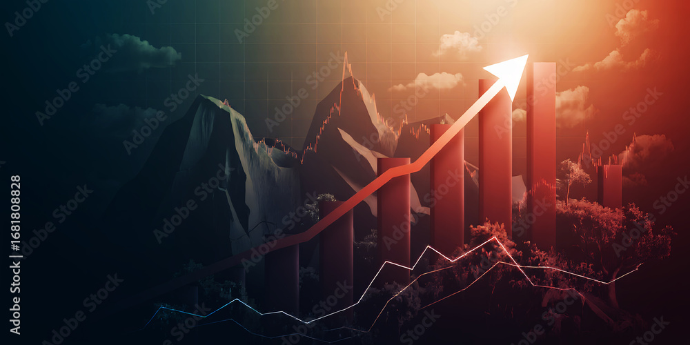 Poster red and white upward arrow and bar graph with mountain range in the background art