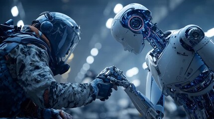 Engineer in a high-tech exoskeleton works side-by-side with a humanoid robot on a complex assembly task. The robot hands over a tool, creating a scene of seamless, futuristic human-robot teamwork.
 - Powered by Adobe