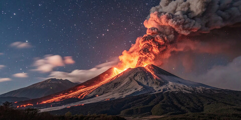 Fototapeta premium Dramatic Volcanic Eruption at Night Under a Starry Sky with Flowing Lava Streams and Plumes of Smoke