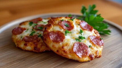 Two mini salami pizzas with cheese and parsley on wooden board  