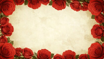 A vintage-toned backdrop of aged paper, framed by a profusion of vibrant red roses, creates a romantic and elegant design.