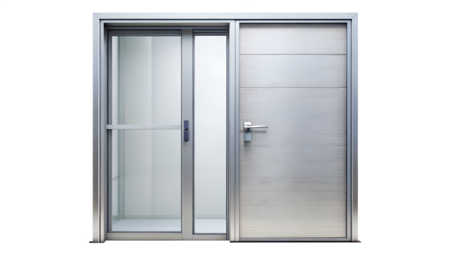 Modern aluminum sliding door with glass and metal panels isolated on transparent background, showcasing contemporary architectural design and functionality
