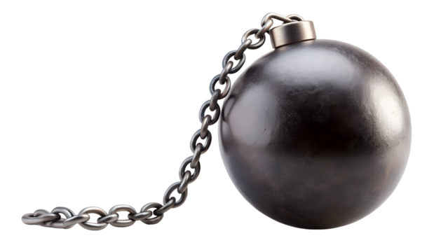 Isolated wrecking ball with chain on transparent background, a symbol of demolition and construction, representing strength, destruction, and industrial power