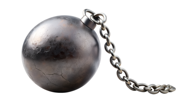 Wrecking ball with chain isolated on transparent background, a heavy metal sphere used for demolition and construction, symbolizing strength and destruction