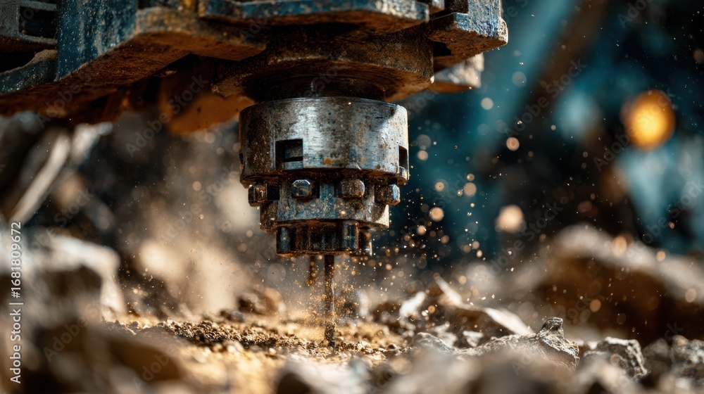 Poster closeup of an automated sampling machine collecting ore sharply highlighting the devices core mechan