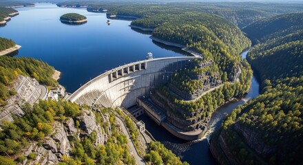 Hydroelectric Dam Aerial View Forest Lake Water Power Energy Generation Plant