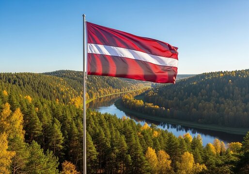 Latvia flag waving over Gauja National Park, Independence Day 18 November