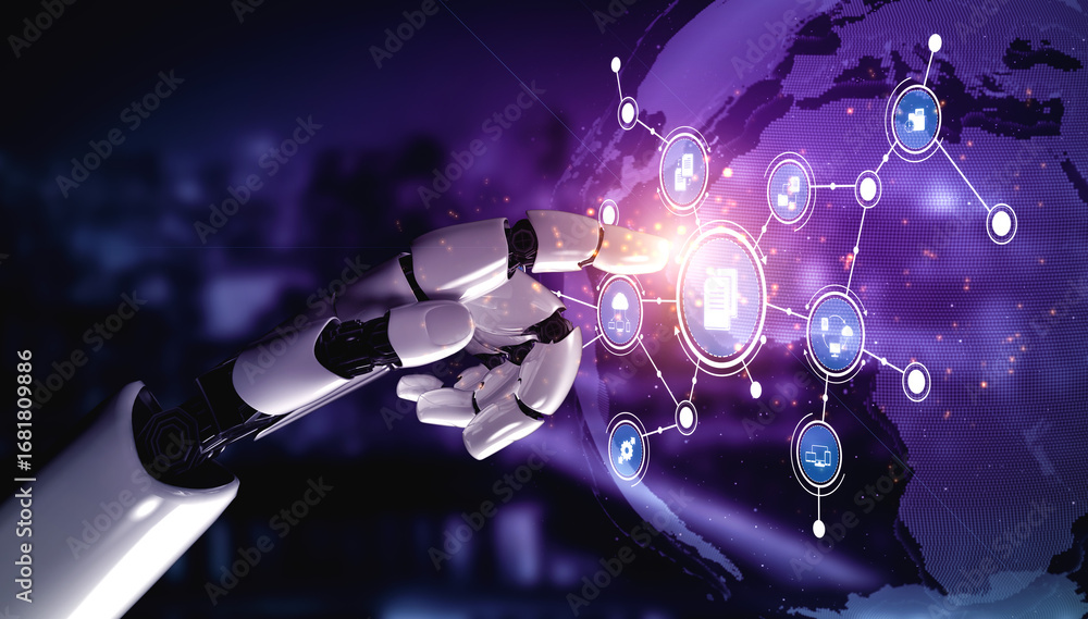 Poster a futuristic robotic hand interacts with a digital globe, highlighting interconnected icons that sym