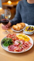 Man enjoying antipasti with wine and bread on wooden table  
