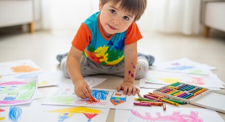 Young child sits on floor, drawing and coloring with crayons on several sheets of paper.