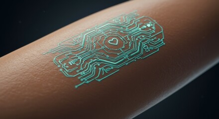 Futuristic Biometric Tattoo: Glowing Fingerprint Circuit with Heart Symbol on Skin
