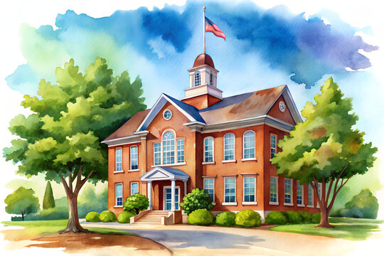 Watercolor painting of a classic american school building with an american flag on top, surrounded by trees and a blue sky with white clouds isolated on transparent background
