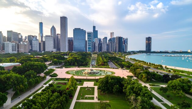 Panoramic cityscape view of a park and city skyline at sunset