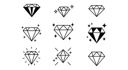 A collection of diamond illustrations in various styles and sparkle effects silhouette