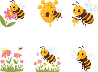 Cute Cartoon Bees with Flowers, Beehive, and Honey Drops – Adorable Vector Set for Spring, Nature, Garden, and Kids Illustrations
