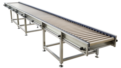 Roller conveyor system isolated on transparent background, an industrial machine used for automation and transport in manufacturing and logistics