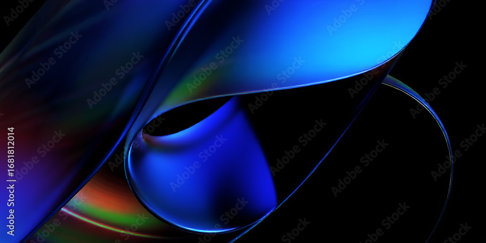 Poster abstract image showing a blue and black curved shape with a gradient of color lights