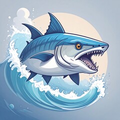 Obraz premium A powerful, leaping tuna fish, vibrant blue and white, bursts through a wave, showcasing its strength and speed.