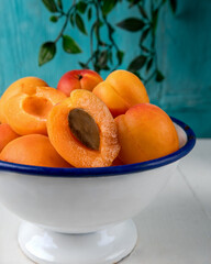 Close-up of fresh ripe apricots in a white enamel bowl with a blue rim, placed on a light background with green leaves in the back.