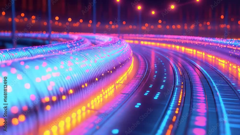 Poster futuristic data stream: abstract neon light flowing through digital network