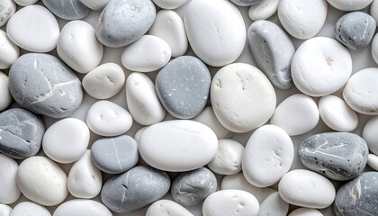 A close-up view of a collection of smooth, round stones in shades of white and gray, creating a serene and calming visual.