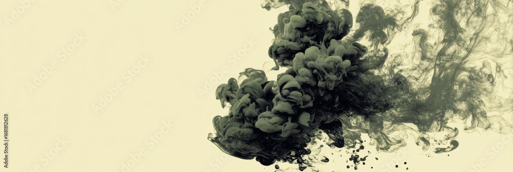 Poster Swirling dark ink forms an abstract cloud against a light background, showcasing movement and texture in an artistic composition.