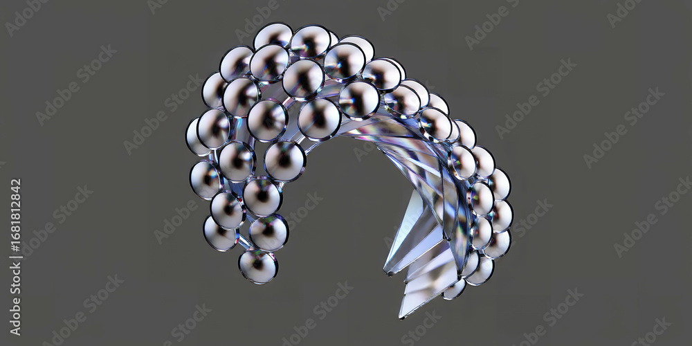 Poster abstract rendering of silver spheres connected to a crystalline structure design