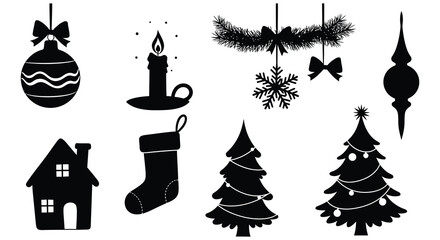 Christmas icons set including trees ornaments stocking and candle silhouette