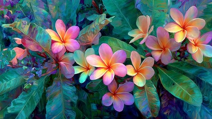 Close-up view of vibrant plumeria flowers in various shades of pink and orange, surrounded by lush teal green foliage.