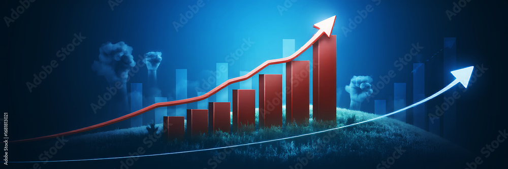 Poster red bar graph with upward trending arrows against a blue gradient background view