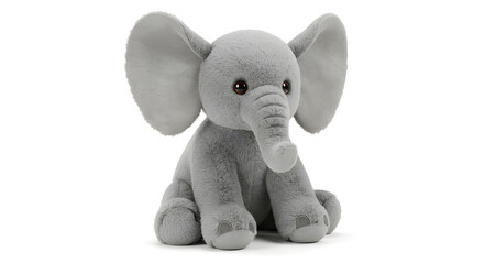 Cute plush elephant with floppy ears and gray fur, realistic photo, isolated on white background