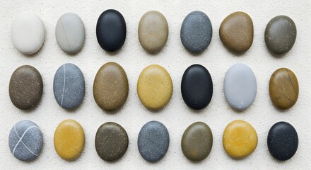 A collection of smooth, natural river stones arranged on a textured surface