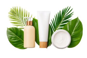 Natural skincare cosmetic set with green leaves, organic beauty product mockup for spa branding