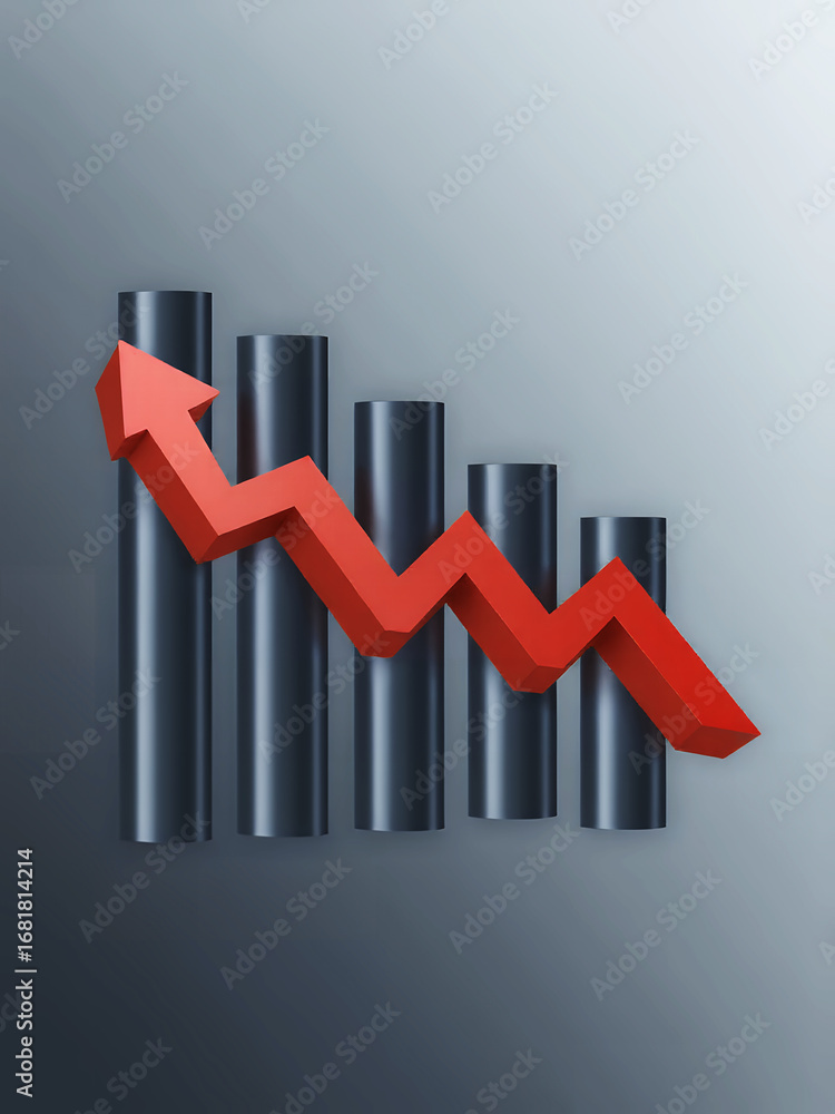 Aufkleber a red arrow going up and down over a bar graph against a gradient gray background