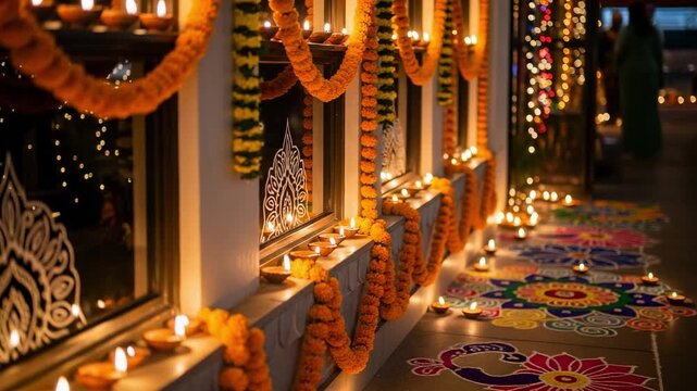 Beautiful Diwali decorations with lit clay oil lamps or diyas, orange marigold flower garlands, and a colorful rangoli design on the floor. Traditional Indian festival of lights celebration.