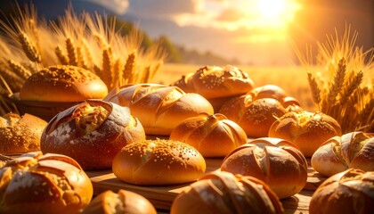A variety of freshly baked breads displayed on a wooden surface against a backdrop of golden wheat fields at sunrise, showcasing diverse textures and colors.