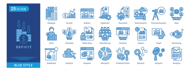 Deficit icon set in blue style, featuring Secure Database, Growth, Statistics, Documents, Analytics, Forecast, Data, and Allocation.