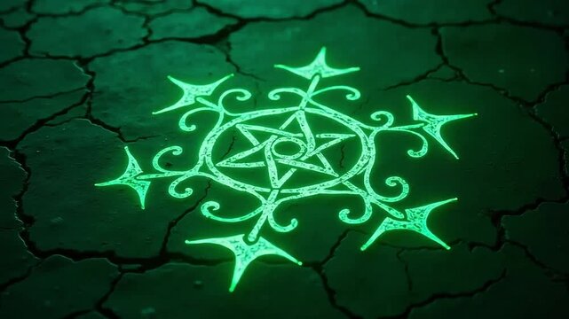 Mysterious glowing arcane symbol pulses with otherworldly energy on cracked earth, hinting at ancient rituals and supernatural power.