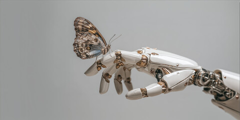 Golden butterfly is sitting on android robot's hand on silver metallic background with copy space. Concept of connected future between nature and technology. 