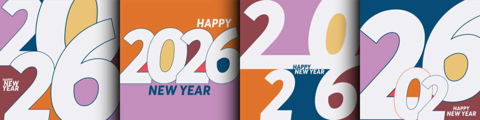 Happy New Year 2026 square color calendar 70s design. Collection Set template of numbers 2026 New Year card, cover, poster, labels isolated on colorful background.