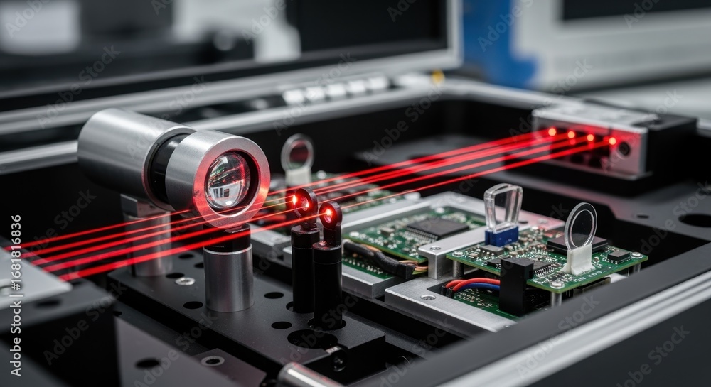 Poster closeup of an optical collimator aligning laser paths inside an autonomous vehicle lidar calibration