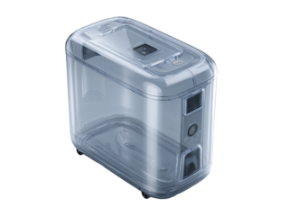 Clear, light-gray, rectangular portable device with a translucent casing.  Features a small digital display and various openings/vents