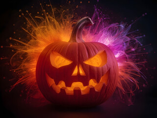 A scary, smiling jack-o-lantern glows with a candle on a dark autumn night for the Halloween celebration