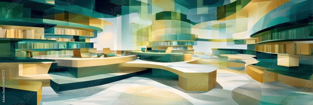 Poster modern abstract interior design showcasing unique library and study spaces filled with colorful geom