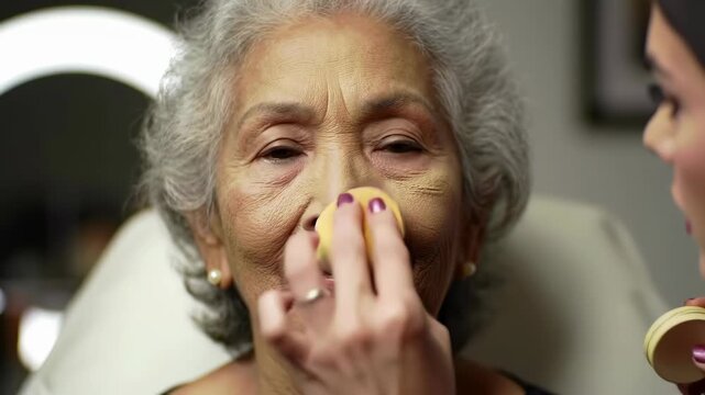 Beauty transformation of elderly woman during makeup application at a salon
