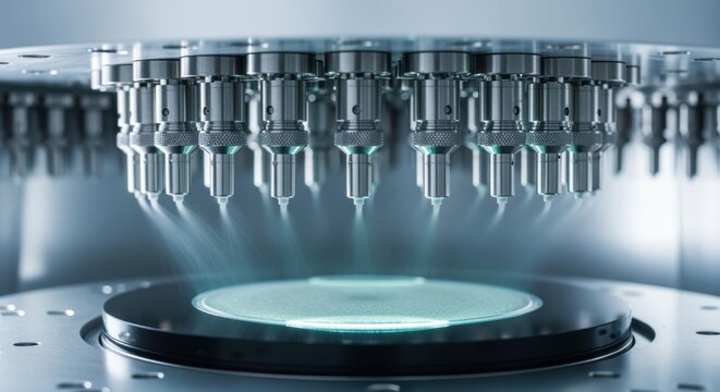 Closeup of diamond semiconductor CVD reactors interior showing gas injection nozzles and diamond film growing on substrate under high vacuum.