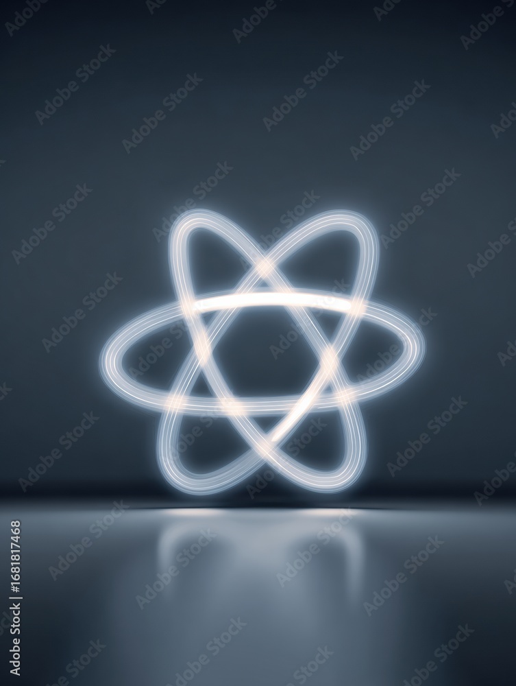 Poster abstract glowing atomic symbol displayed against a dark background, emphasizing a modern technologic