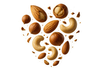 Obraz premium Assorted nuts (almonds, cashews, hazelnuts) scattered on transparent background