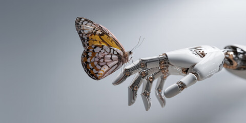 White and orange butterfly sitting on android robot's hand on silver metallic background with copy space. Concept of connected future between nature and technology.